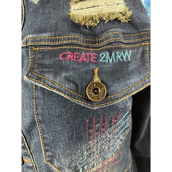 Create 2MRW Jean Jacket Womens Sz Large Distressed Hand Painted Cotton Blue - Picture 9 of 13